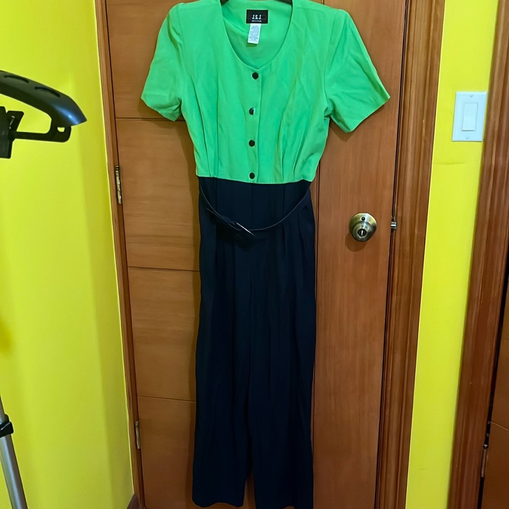 VINTAGE J.S.J. Petites Green and Navy Jumpsuit Sz 8 P